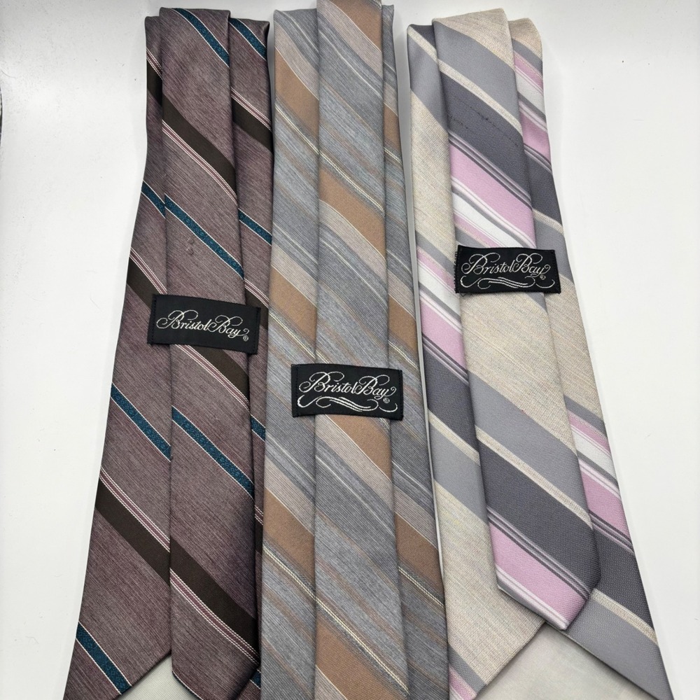 Bristol Bay Mens Necktie Bundle 3 Pack Striped Mauve Tan Pink Grey Ties 3 Inch